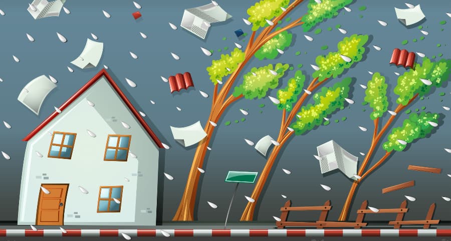 Graphic of a storm striking a house and the surrounding environs